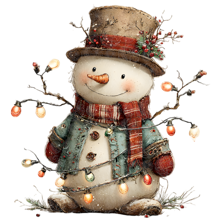 Whimsical snowman wearing top hat and plaid scarf holding glowing string lights, Grey Barn Handwerk, Saskatchewan.